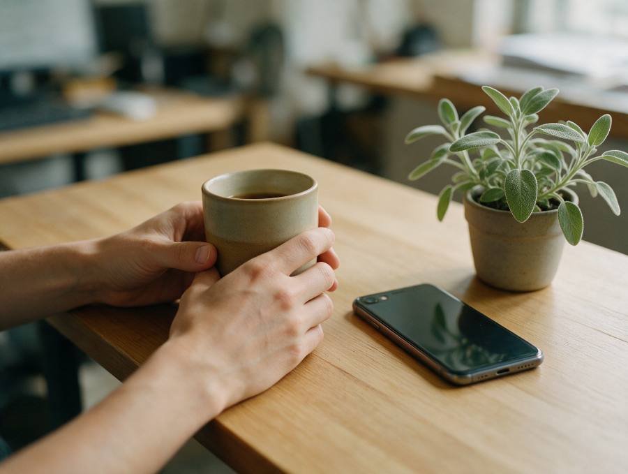 Mãos segurando uma xícara de chá sobre a mesa, ao lado de uma planta e do celular